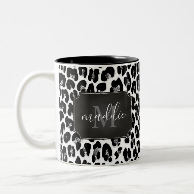 Sparkly Girly Glitter Leopard Monogrammed Name Two-Tone Coffee Mug (Left)