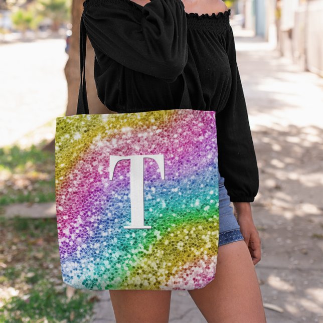 Sparkly Girly Rainbow Chunky Glitter Monogram Tote Bag (Rainbow Curve Chunky Glitter Monogram Tote Bag)