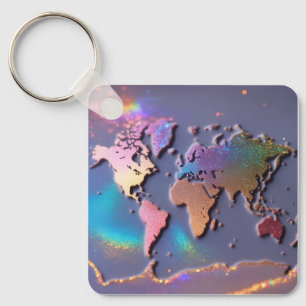 Sparkly Glitter 3D Colourful World Map Key Ring