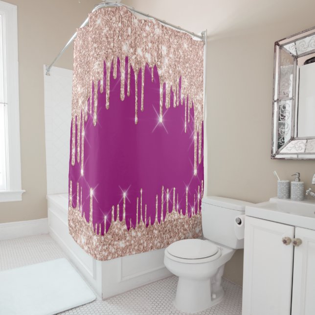 Sparkly  Glitter Drips Pink Rose Berry PINK Shower Curtain (In Situ)