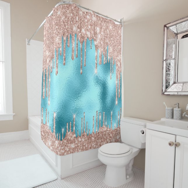 Sparkly Glitter Drips Pink Rose Gold Blush Blue Shower Curtain (In Situ)