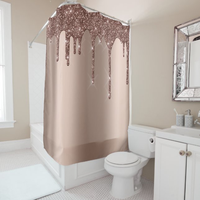 Sparkly Glitter Drips Pink Rose Gold Blush Girly Shower Curtain (In Situ)