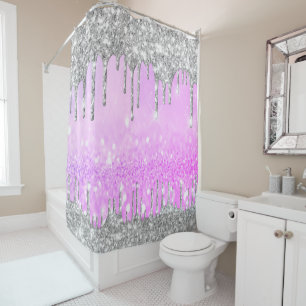 Sparkly Glitter Drips Pink Silver Grey Girly Bride Shower Curtain