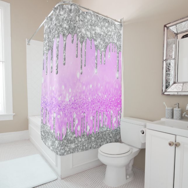 Sparkly Glitter Drips Pink Silver Grey Girly Bride Shower Curtain (In Situ)