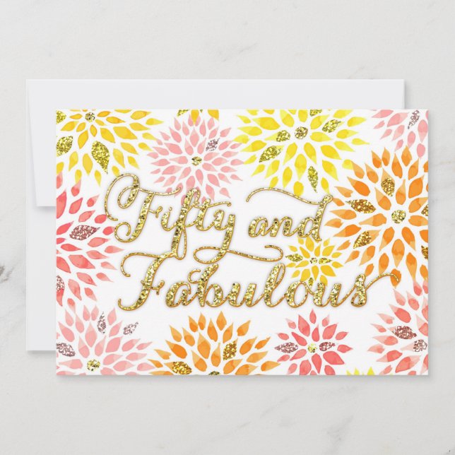 Sparkly Glitter Floral Fifty Fabulous Birthday Invitation (Front)