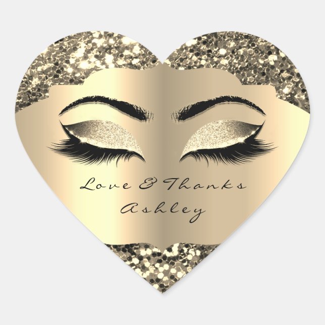 Sparkly Glitter Gold Lash Eyes Love &Thanks Girly Heart Sticker (Front)