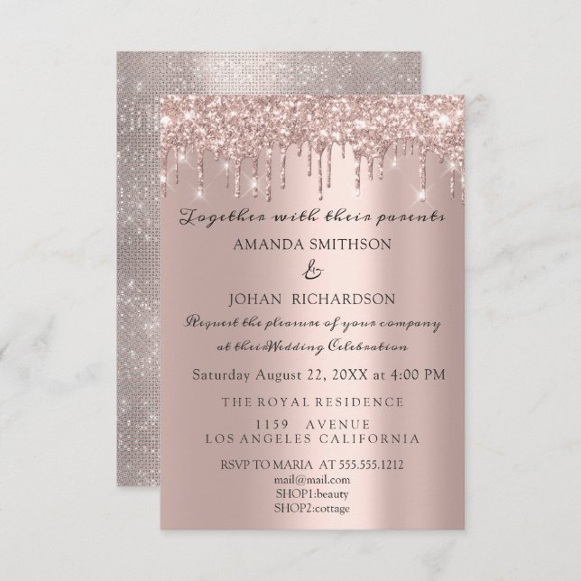 Sparkly Glitter Rose Gold Elegant Wedding Engageme Invitation (Front/Back)
