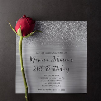 Sparkly Glitter Silver Foil 21st Birthday Invitation