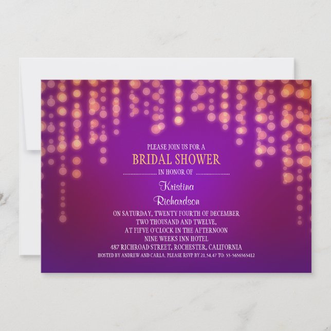 sparkly glitter string lights purple bridal shower invitation (Front)