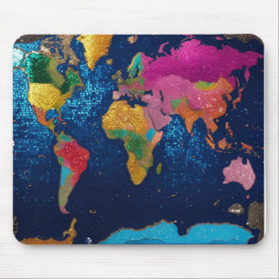 Sparkly Glitter World Map – Watercolor Travel Art  Mouse Mat