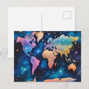 Sparkly Glitter World Map – Watercolor Travel Art  Postcard
