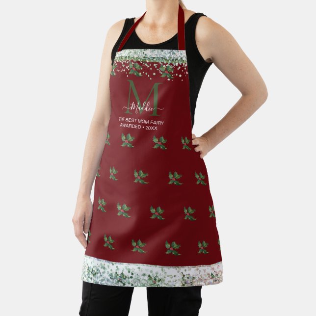 Sparkly glittery glam mistletoe custom Monogram Apron (Insitu)
