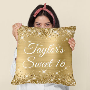 Sparkly Glittery Gold Foil Glam Sweet 16 Cushion