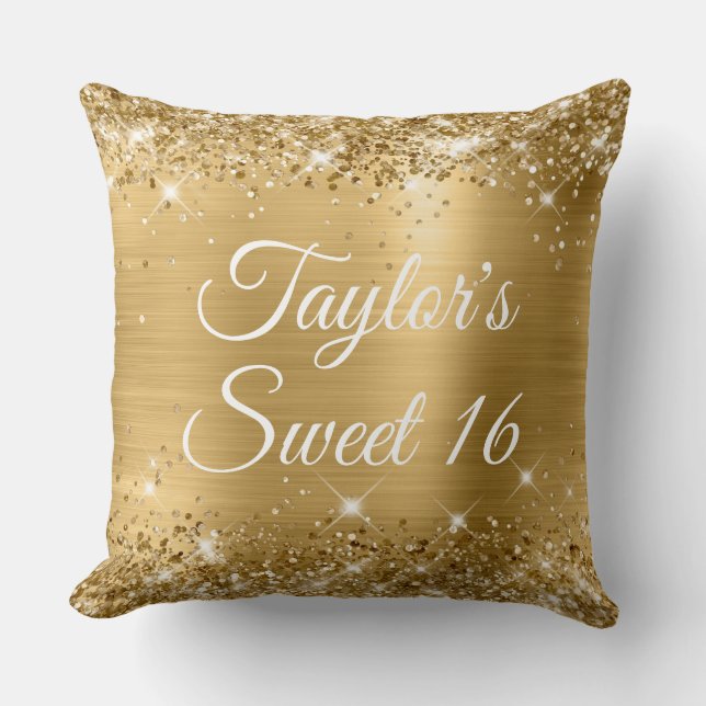Sparkly Glittery Gold Foil Glam Sweet 16 Large Cushion (Front)
