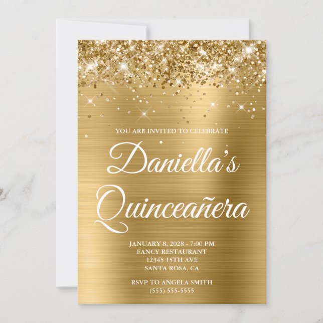 Sparkly Glittery Gold Foil Quinceañera Invitation (Front)