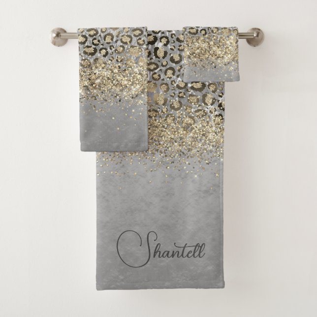 Sparkly Glittery Gold Leopard Personalised Bath Towel Set (Insitu)