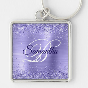 Sparkly Glittery  Periwinkle Foil Fancy Monogram Key Ring