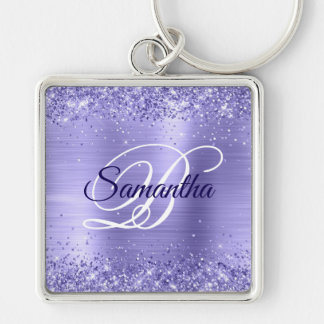 Sparkly Glittery Periwinkle Foil Fancy Monogram Key Ring