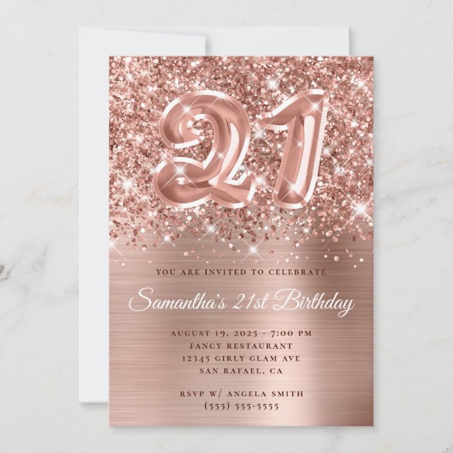 Sparkly Glittery Rose Gold Balloon 21st Birthday Invitation (Front)