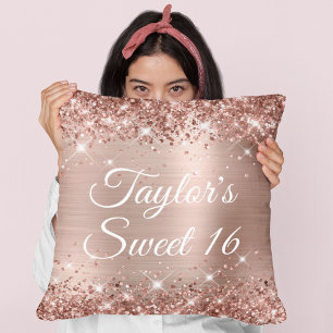 Sparkly Glittery Rose Gold Foil Glam Sweet 16 Cushion