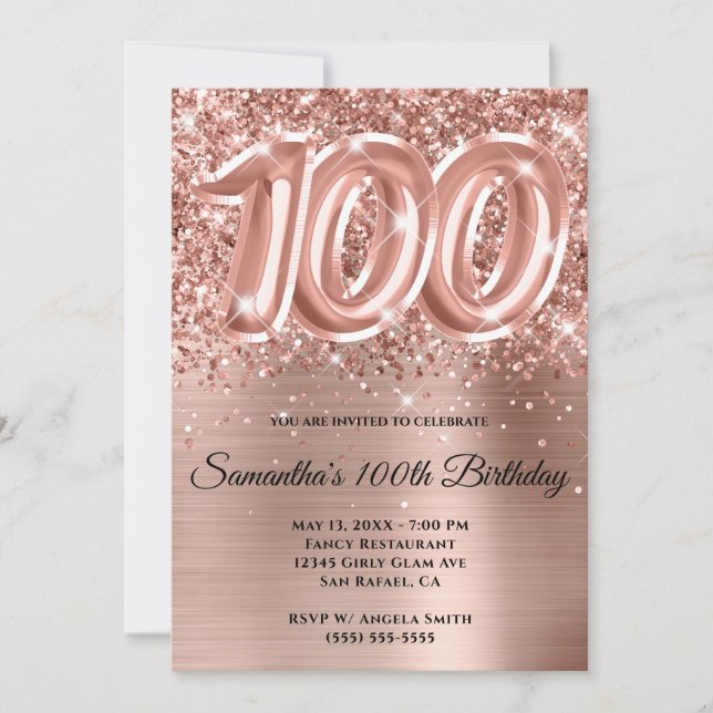 Sparkly Glittery Rose Gold Glam 100th Birthday Invitation (Front)