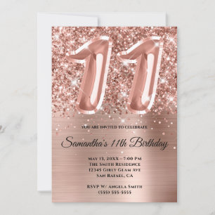Sparkly Glittery Rose Gold Glam 11th Birthday Invitation