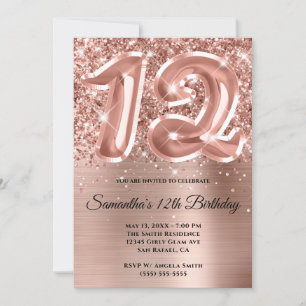 Sparkly Glittery Rose Gold Glam 12th Birthday Invitation