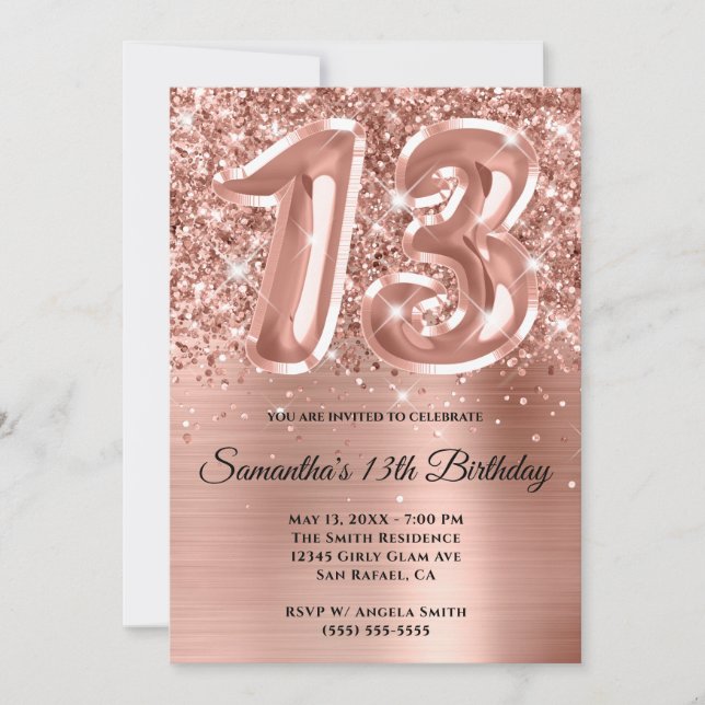Sparkly Glittery Rose Gold Glam 13th Birthday Invitation (Front)