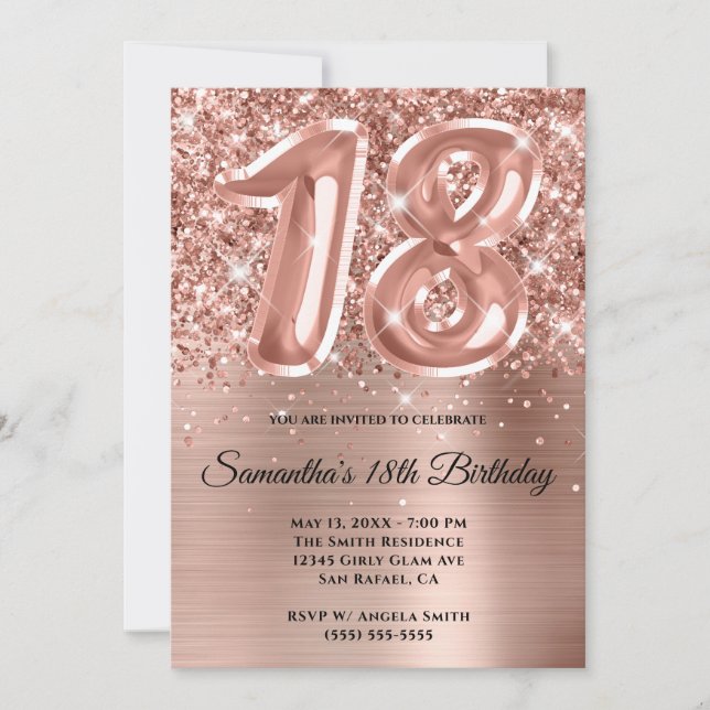 Sparkly Glittery Rose Gold Glam 18th Birthday Invitation (Front)