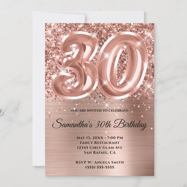 Sparkly Glittery Rose Gold Glam 30th Birthday Invitation (Front)