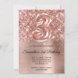 Sparkly Glittery Rose Gold Glam 3rd Birthday Invitation