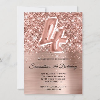 Sparkly Glittery Rose Gold Glam 4th Birthday Invitation