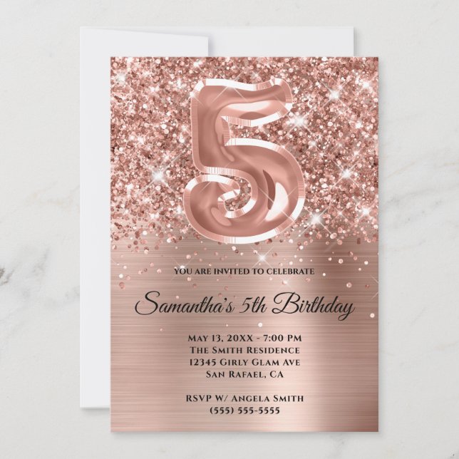 Sparkly Glittery Rose Gold Glam 5th Birthday Invitation (Front)