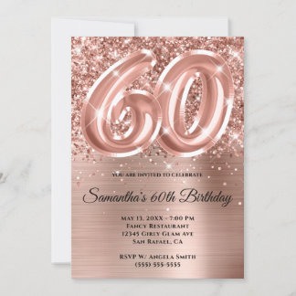 Sparkly Glittery Rose Gold Glam 60th Birthday Invitation