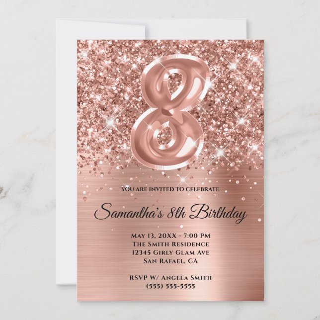Sparkly Glittery Rose Gold Glam 8th Birthday Invitation (Front)