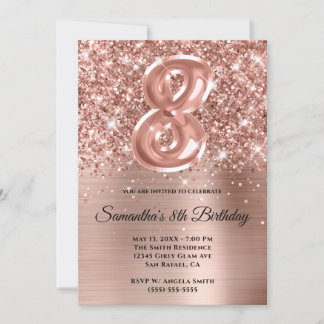 Sparkly Glittery Rose Gold Glam 8th Birthday Invitation
