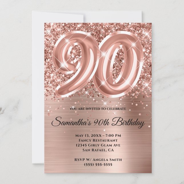 Sparkly Glittery Rose Gold Glam 90th Birthday Invitation (Front)