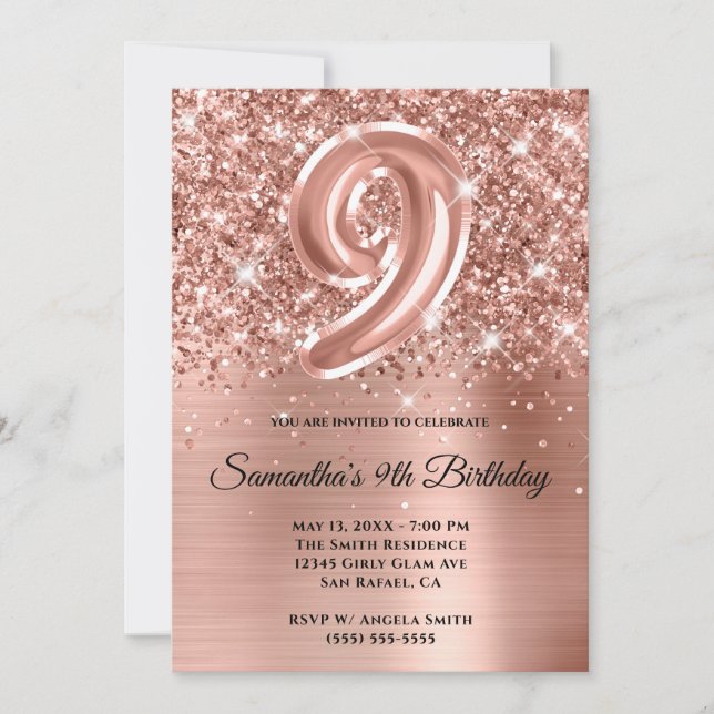 Sparkly Glittery Rose Gold Glam 9th Birthday Invitation (Front)