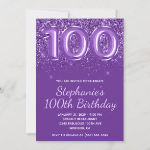 Sparkly Glittery Royal Purple Number 100 Birthday Invitation