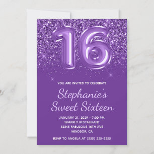 Sparkly Glittery Royal Purple Number 16 Birthday Invitation