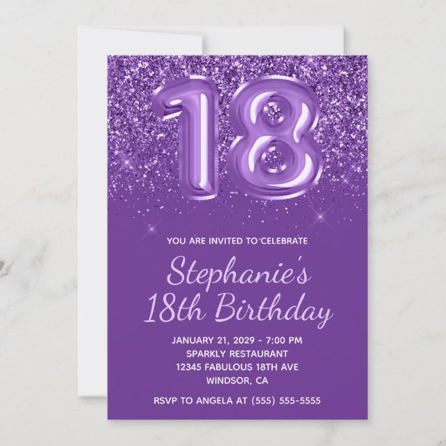 Sparkly Glittery Royal Purple Number 18 Birthday Invitation (Front)