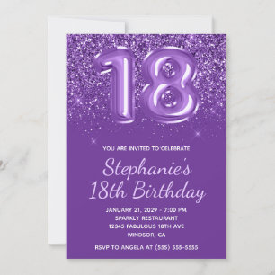 Sparkly Glittery Royal Purple Number 18 Birthday Invitation