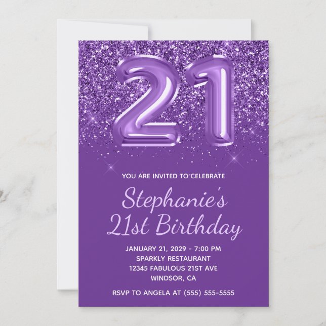 Sparkly Glittery Royal Purple Number 21 Birthday Invitation (Front)