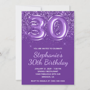 Sparkly Glittery Royal Purple Number 30 Birthday Invitation