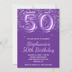 Sparkly Glittery Royal Purple Number 50 Birthday Invitation