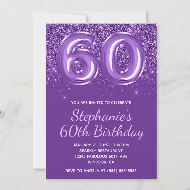 Sparkly Glittery Royal Purple Number 60 Birthday Invitation (Front)