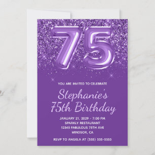 Sparkly Glittery Royal Purple Number 75 Birthday Invitation