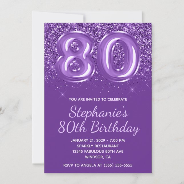 Sparkly Glittery Royal Purple Number 80 Birthday Invitation (Front)