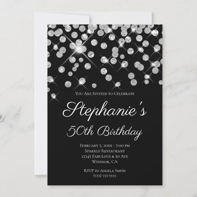 Sparkly Glittery Silver Confetti Elegant Black Invitation (Front)