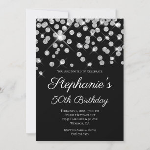 Sparkly Glittery Silver Confetti Elegant Black Invitation